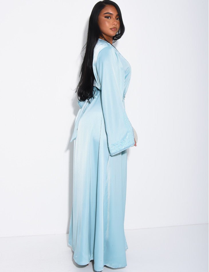 ABAYA À BORDURES PERLÉES Bleu