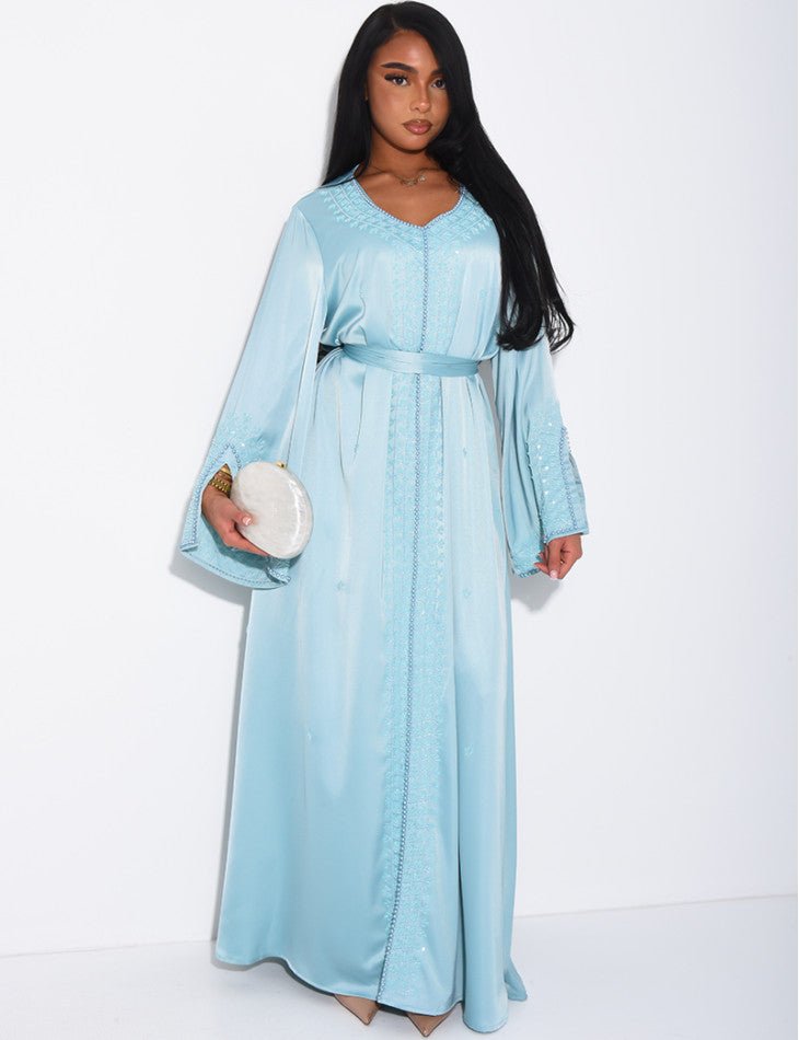 ABAYA À BORDURES PERLÉES Bleu