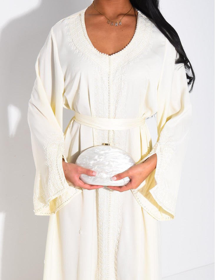 ABAYA À BORDURES PERLÉES Blanche