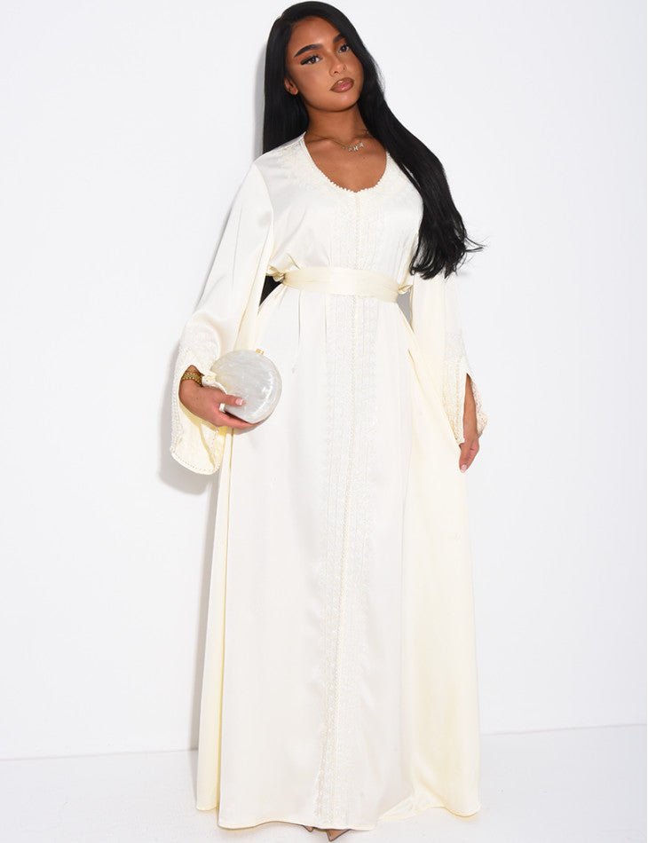ABAYA À BORDURES PERLÉES Blanche
