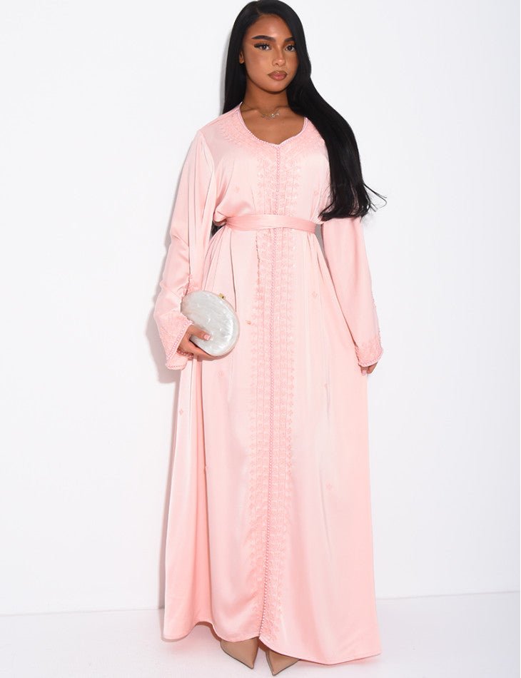 ABAYA À BORDURES PERLÉES ROSE