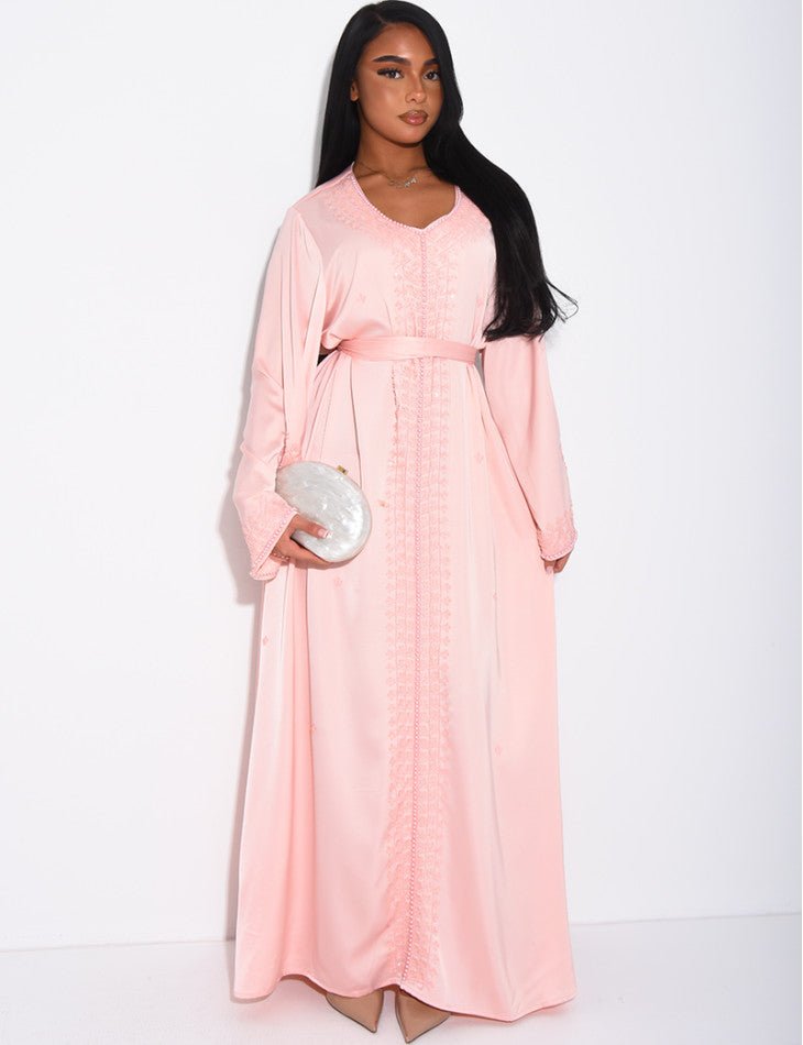 ABAYA À BORDURES PERLÉES ROSE
